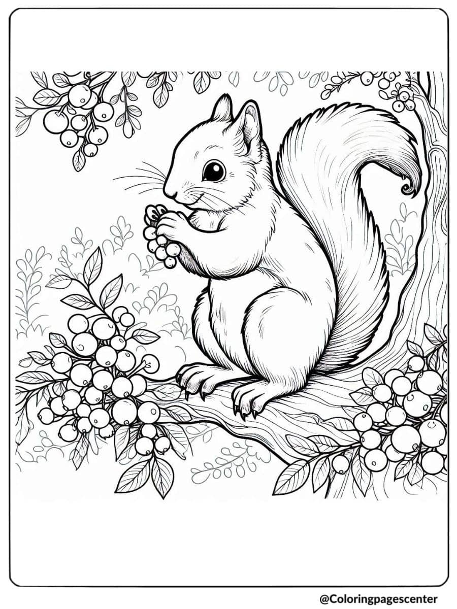 Berry-picking squirrel coloring page