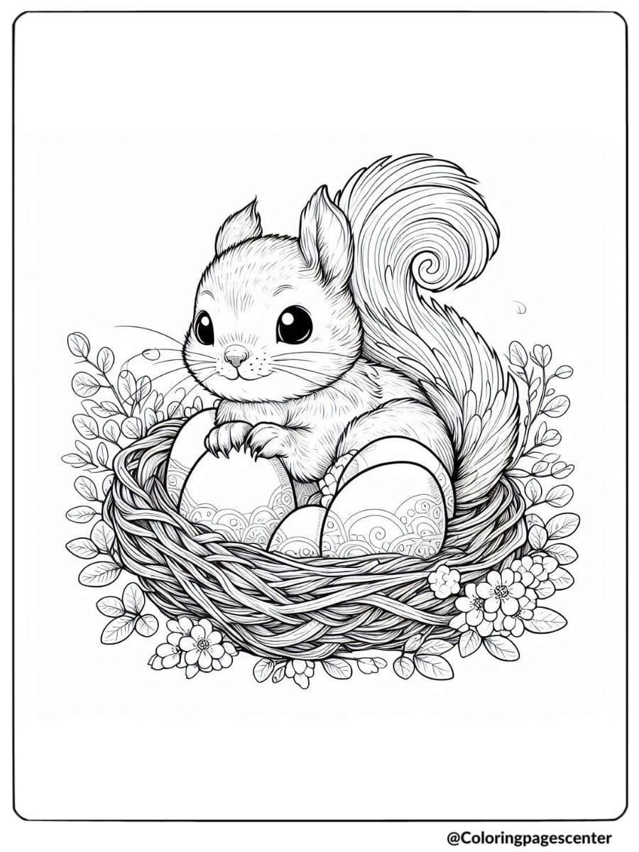 Squirrel sitting in a nest with Easter eggs coloring page