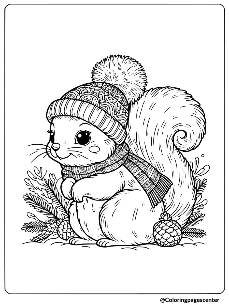 Winter squirrel with knitted hat coloring page