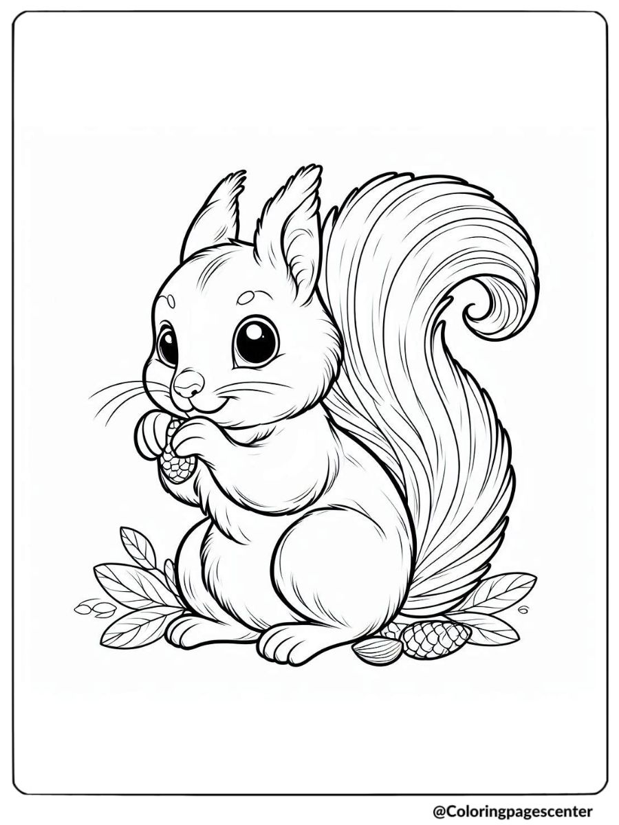 Cute squirrel eating a nut coloring page