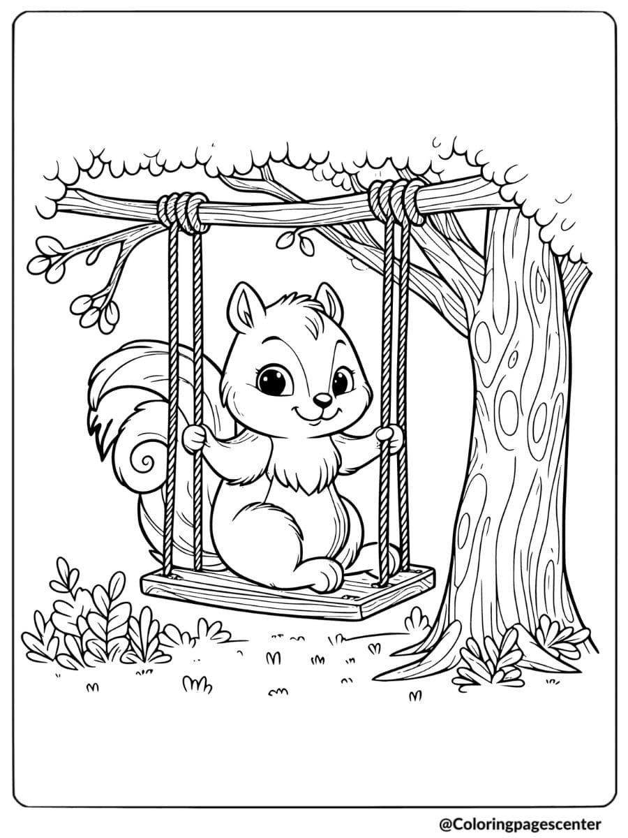 Squirrel happily swinging on a swing coloring page