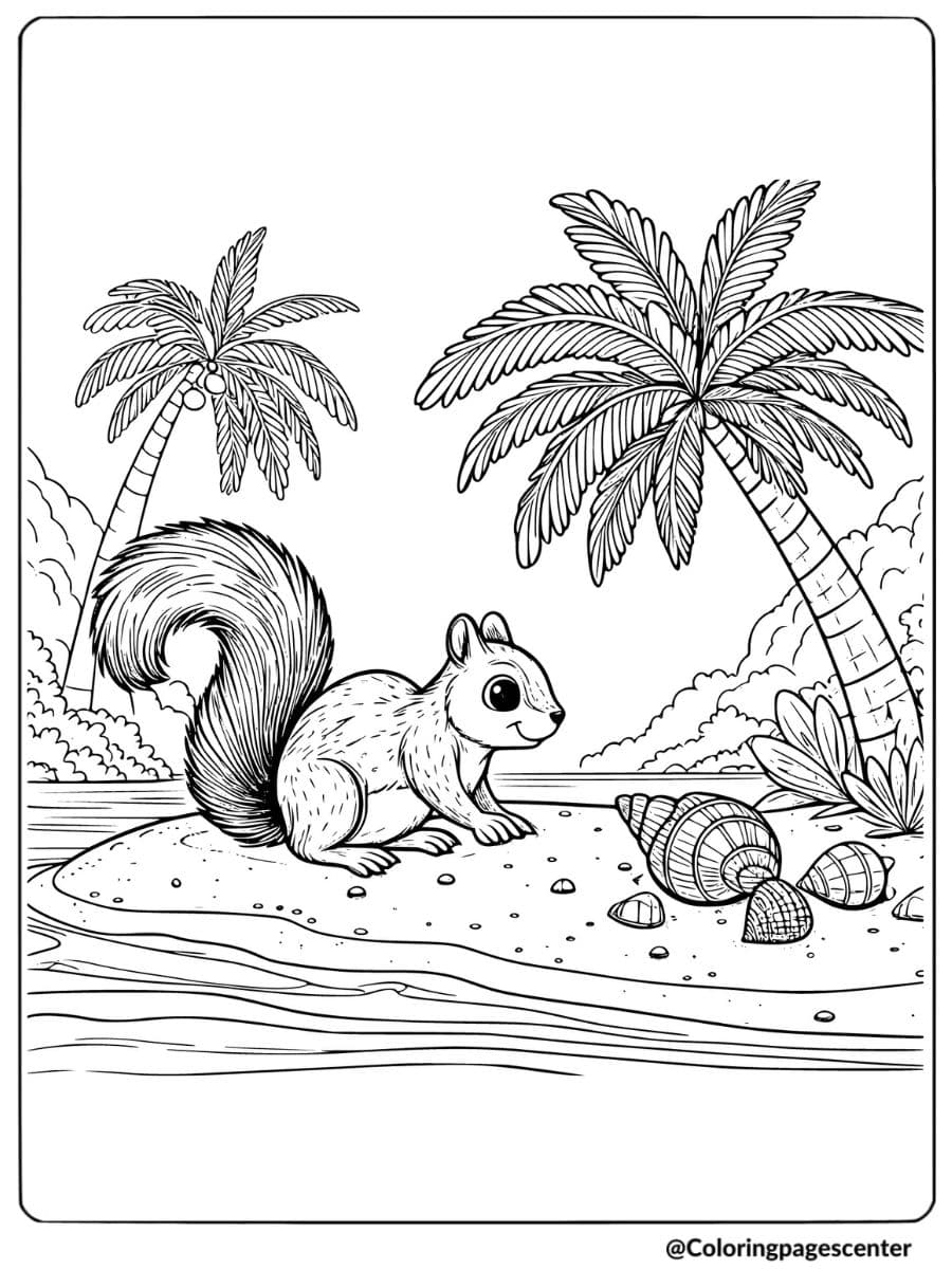 Squirrel exploring a sandy beach coloring page