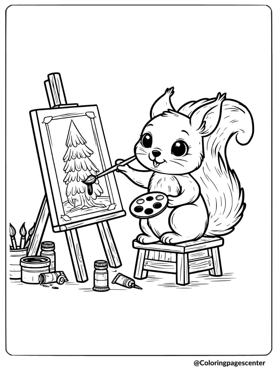 Artistic squirrel painting a picture coloring page