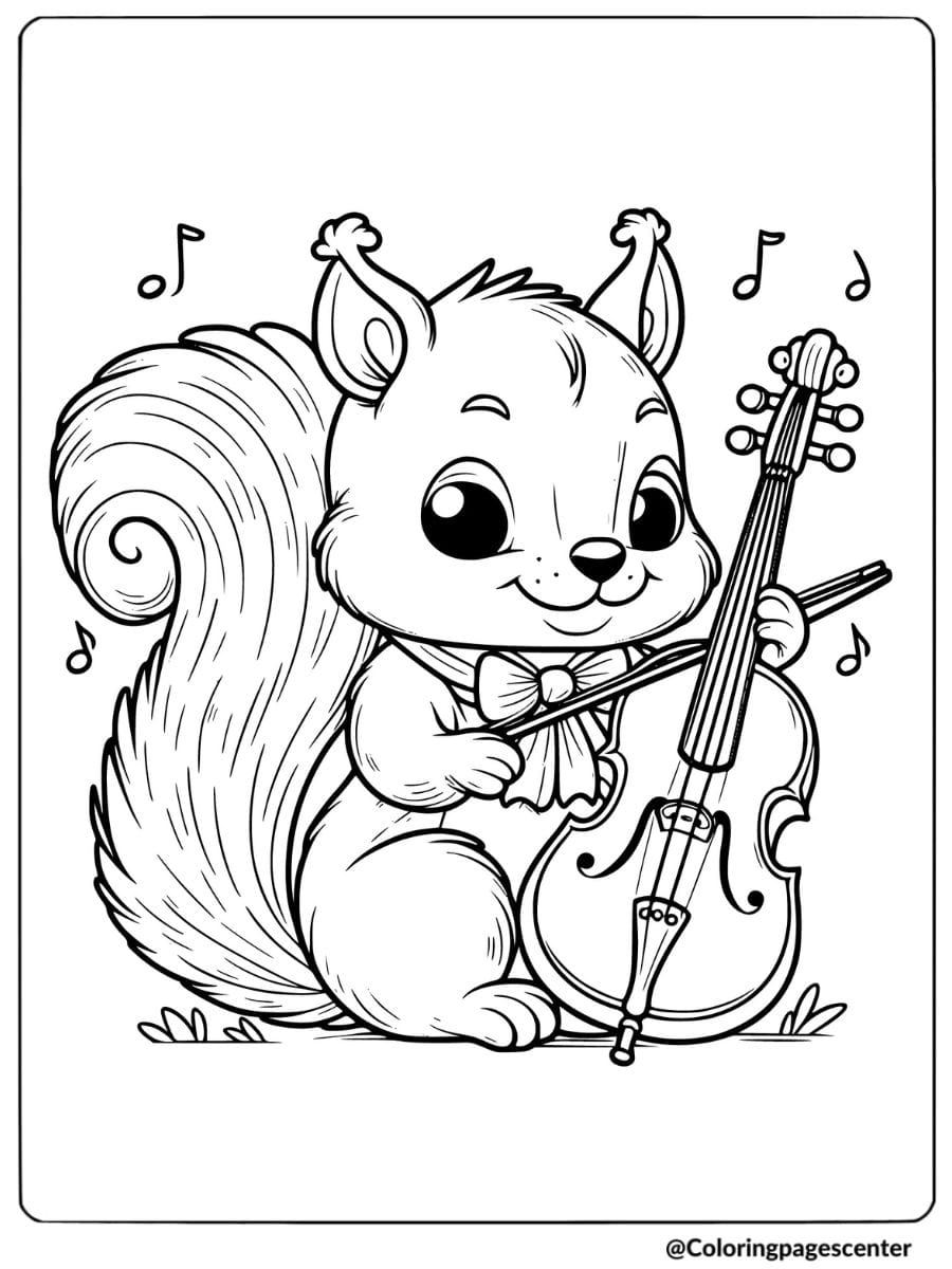 Squirrel enjoying music with violin coloring page