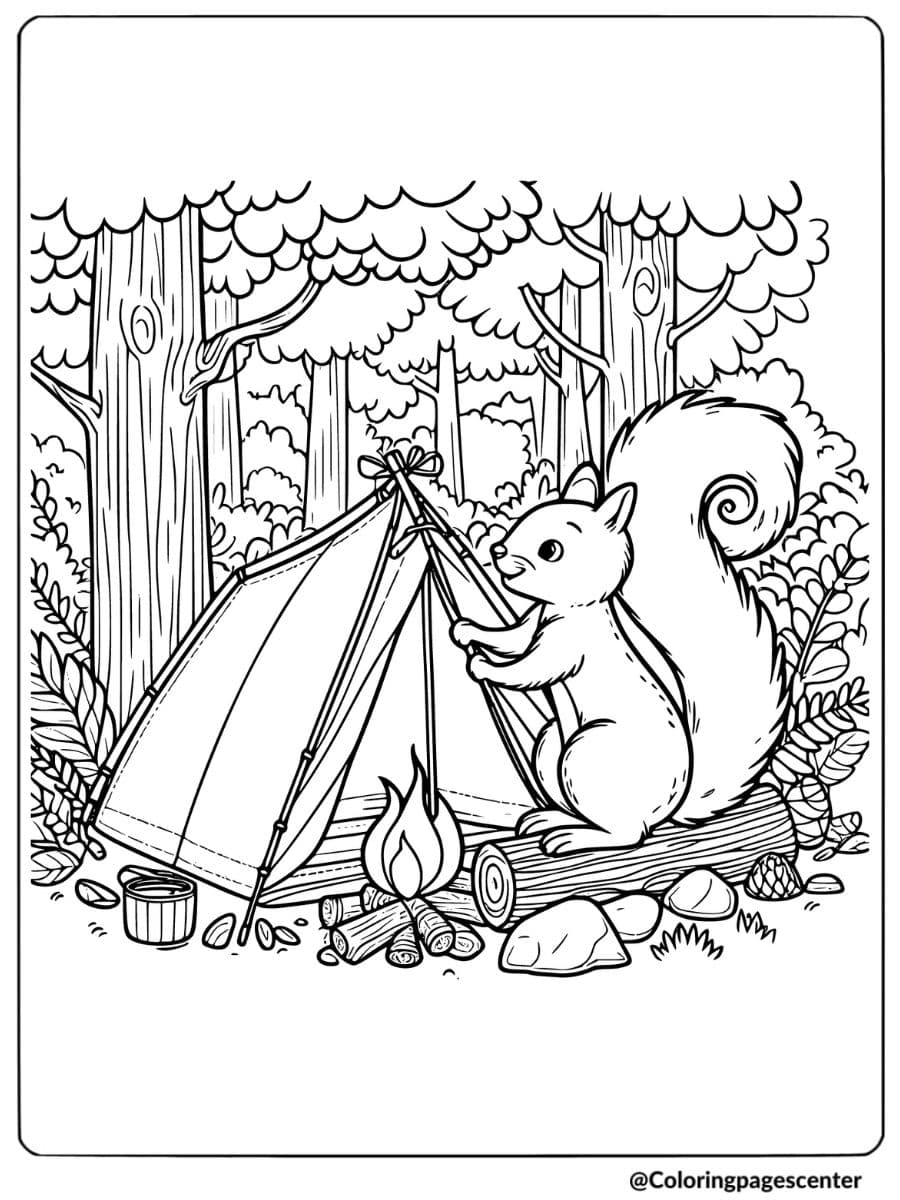 Squirrel camping scene coloring page