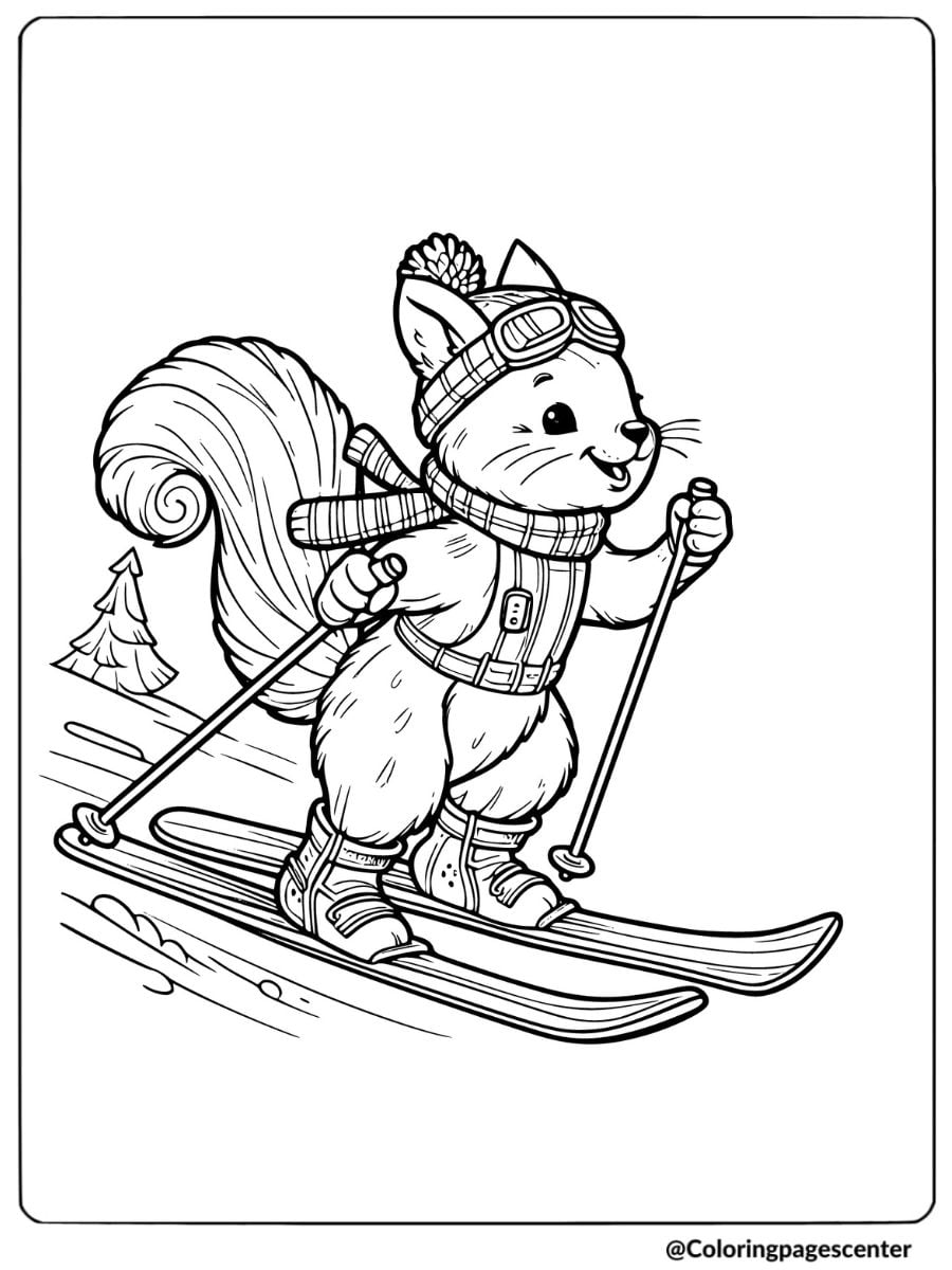 Squirrel enjoying skiing adventure coloring page