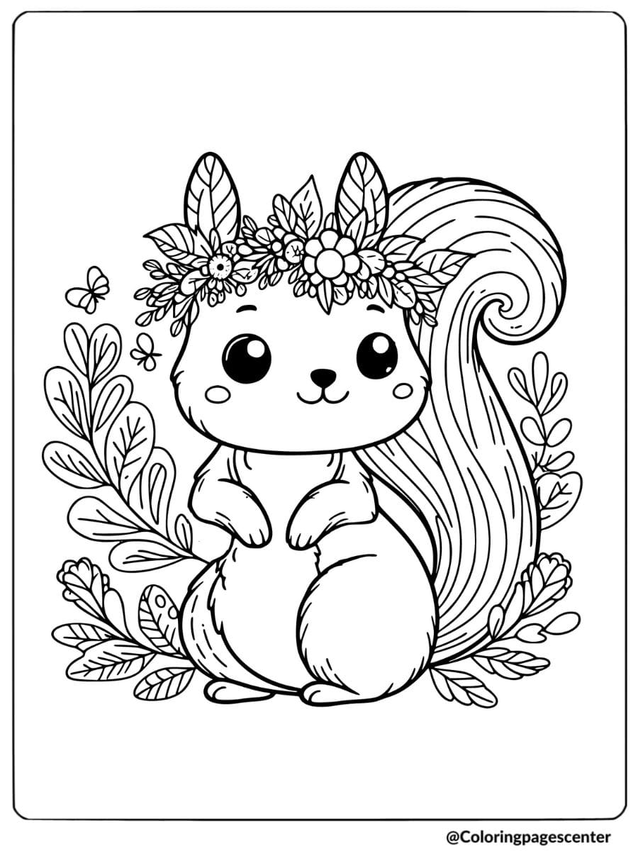 Cute squirrel with a flower crown coloring page