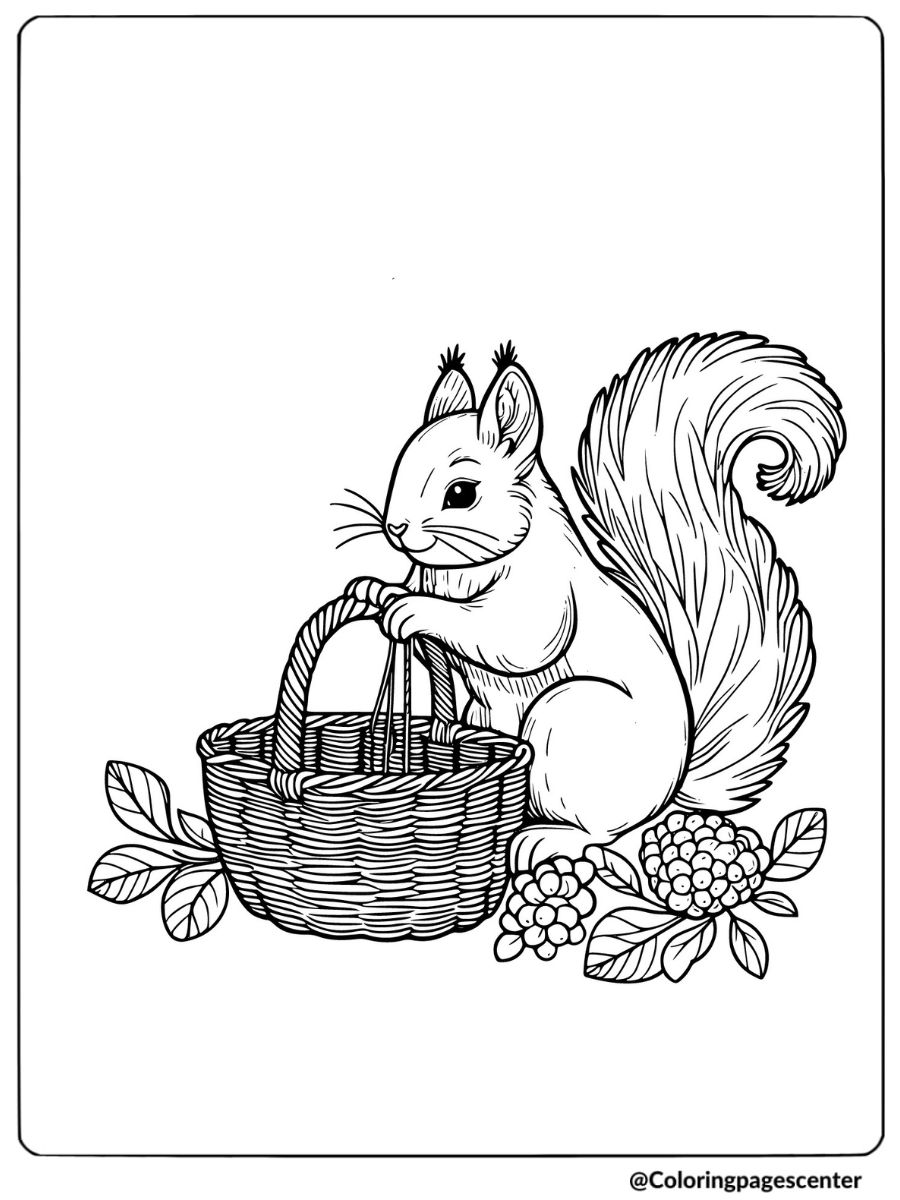 Squirrel gathering berries in a basket coloring page