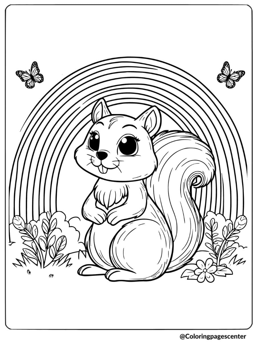 Happy squirrel with butterflies and rainbow coloring page