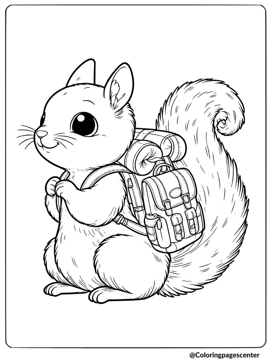 Adventurous squirrel with a backpack coloring page