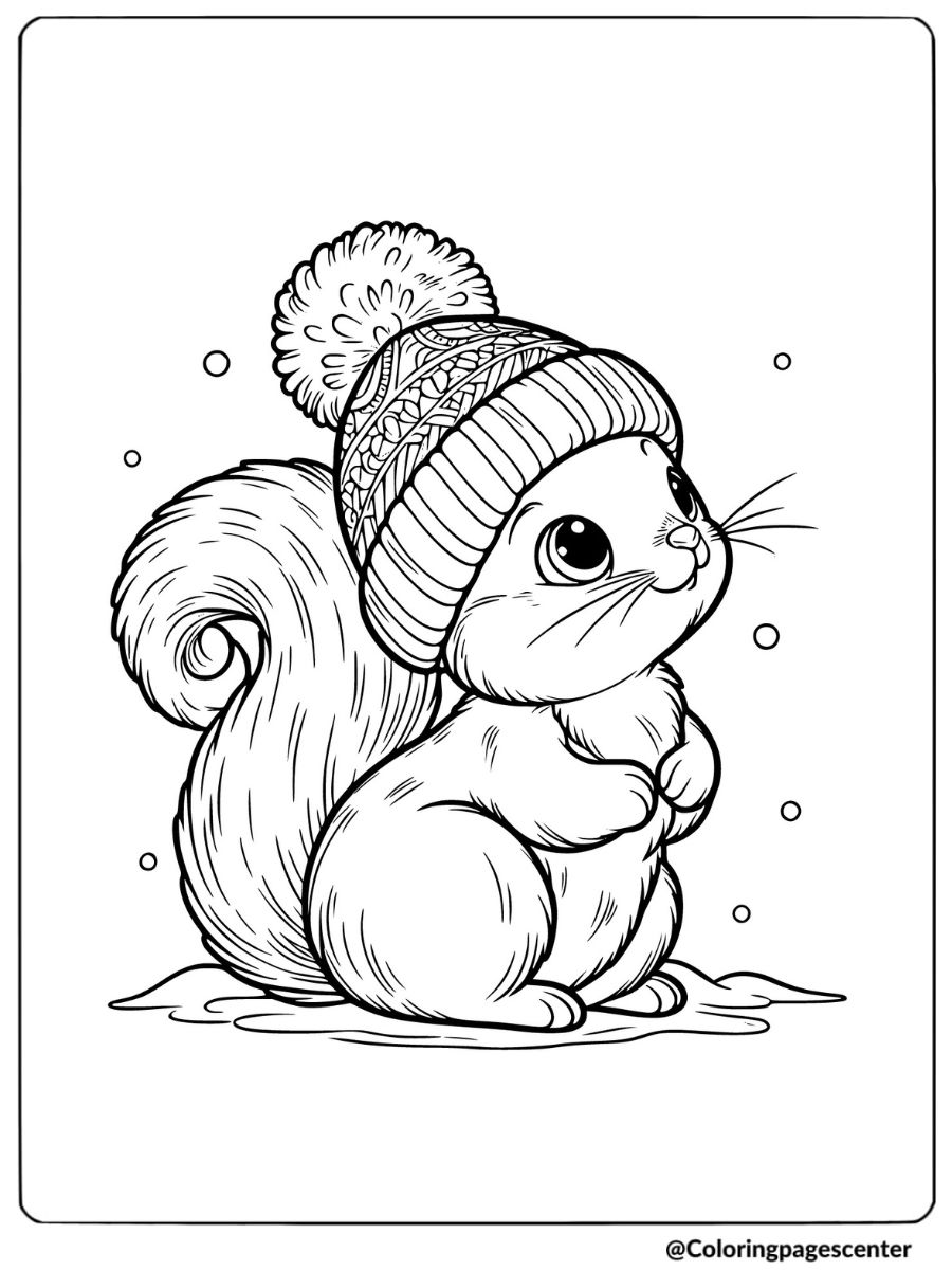 Squirrel wearing a winter hat coloring page