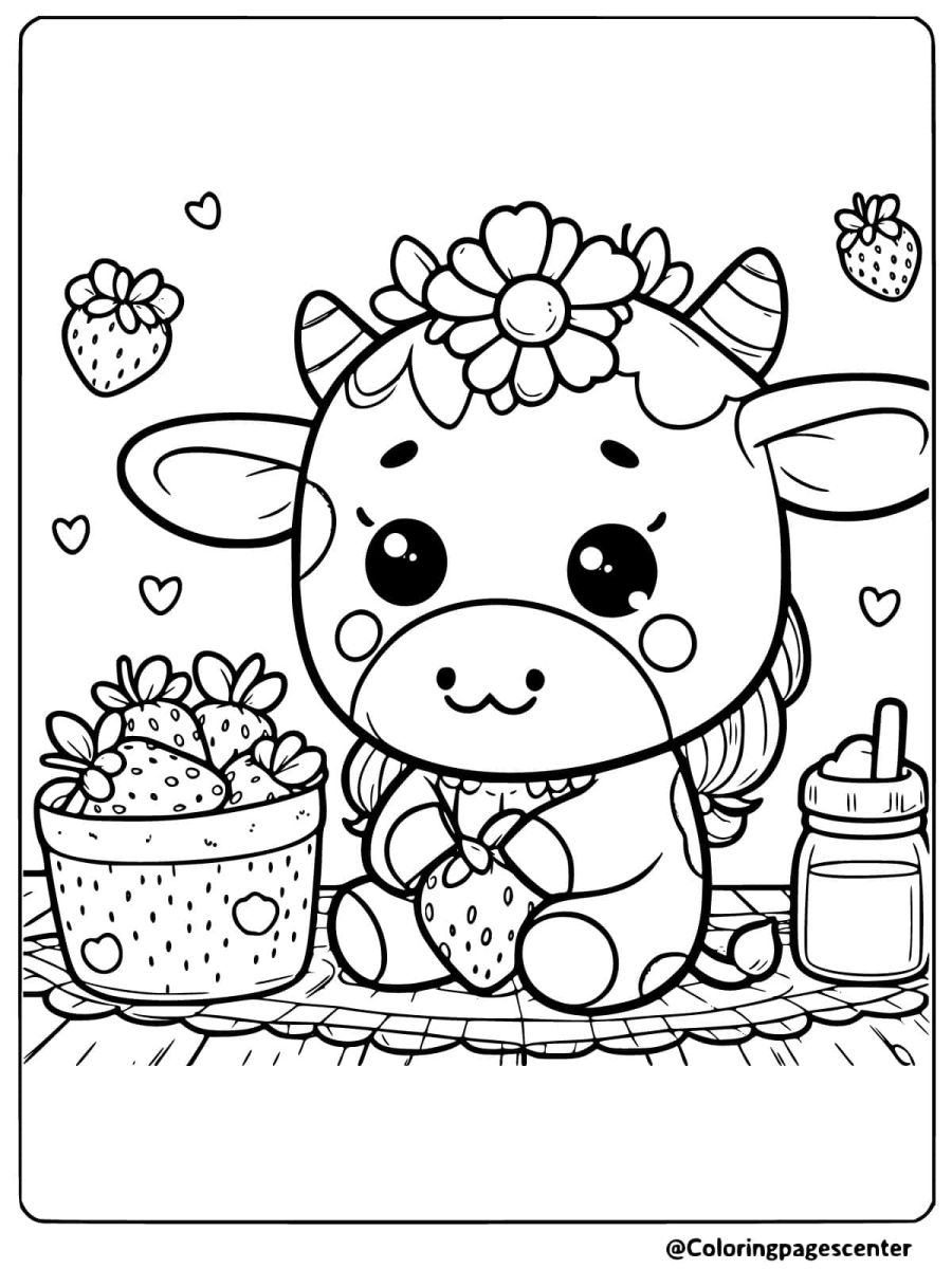 Cow with strawberry bucket coloring page