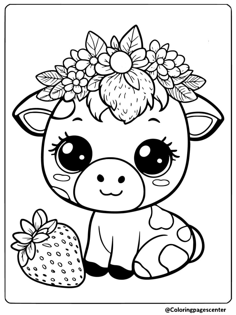 Cow with a crown of strawberries coloring page