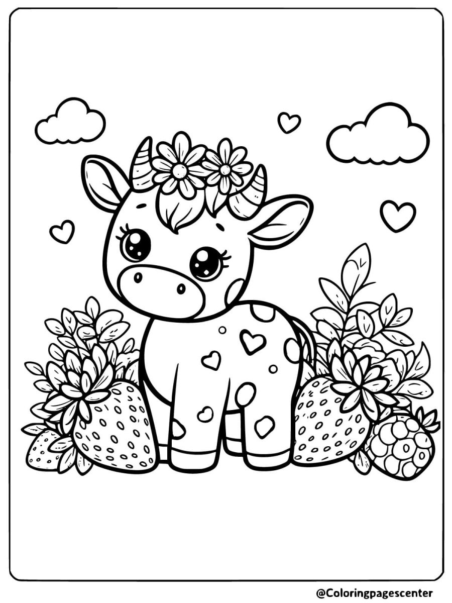 Strawberry cow in a flower garden coloring page