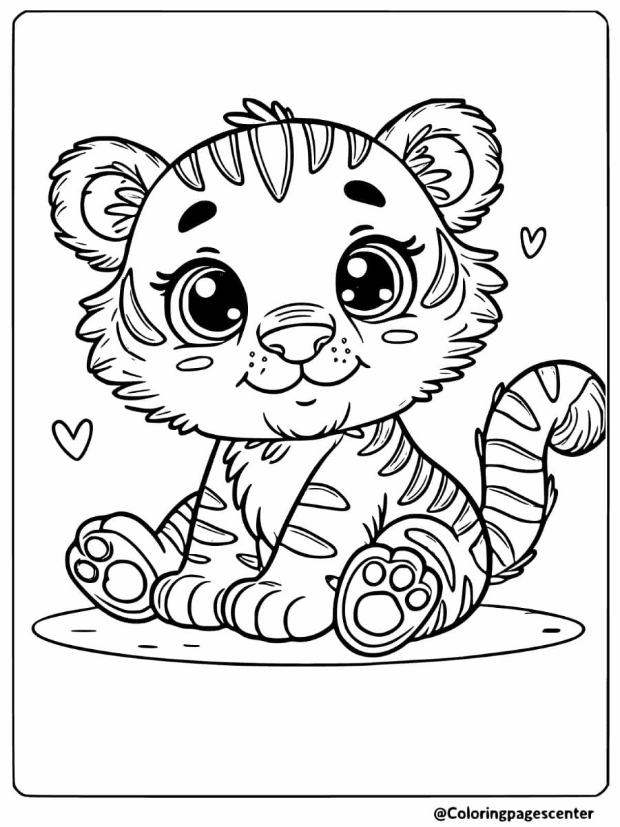 Cute tiger sitting with hearts around coloring page