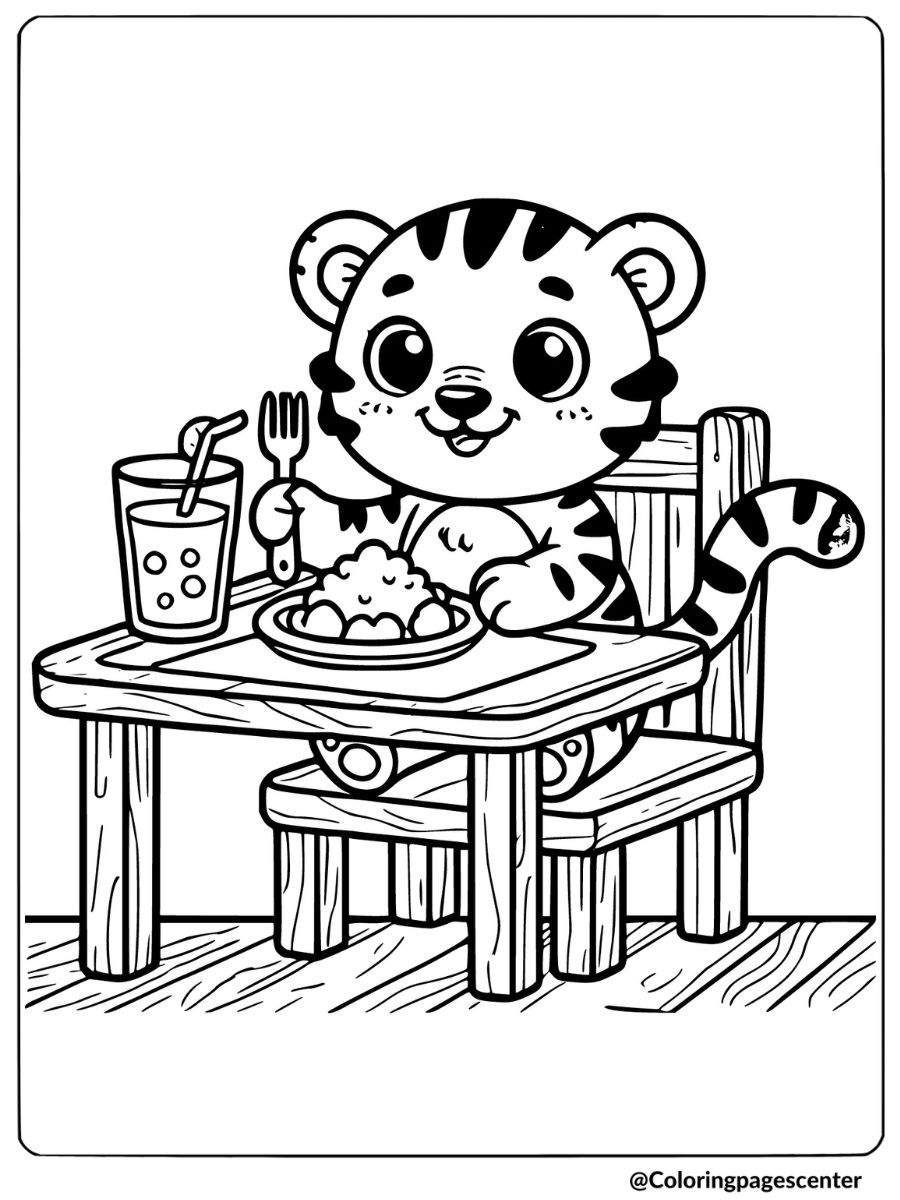 Baby tiger eating at a table coloring page