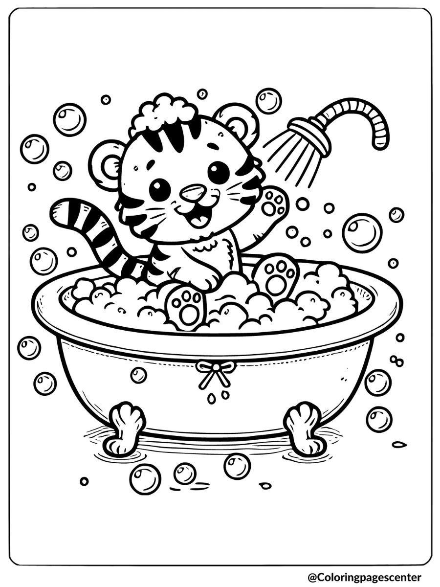 Baby tiger taking a bath coloring page