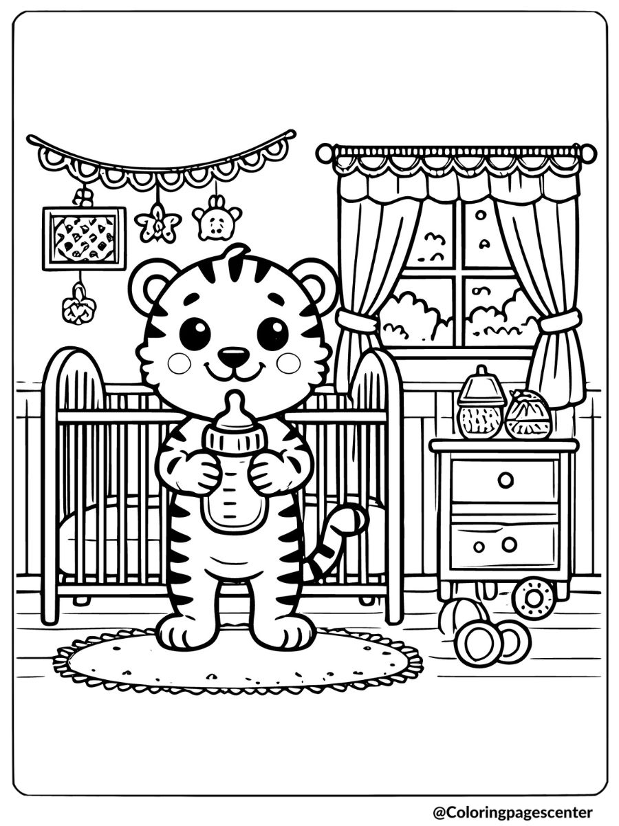 Baby tiger holding bottle in nursery coloring page