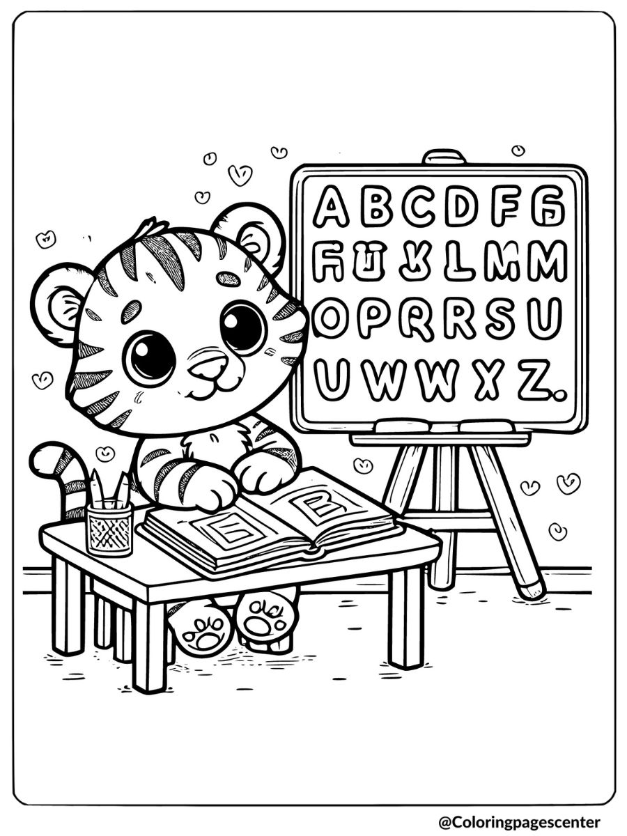 Baby tiger with ABC chart coloring page