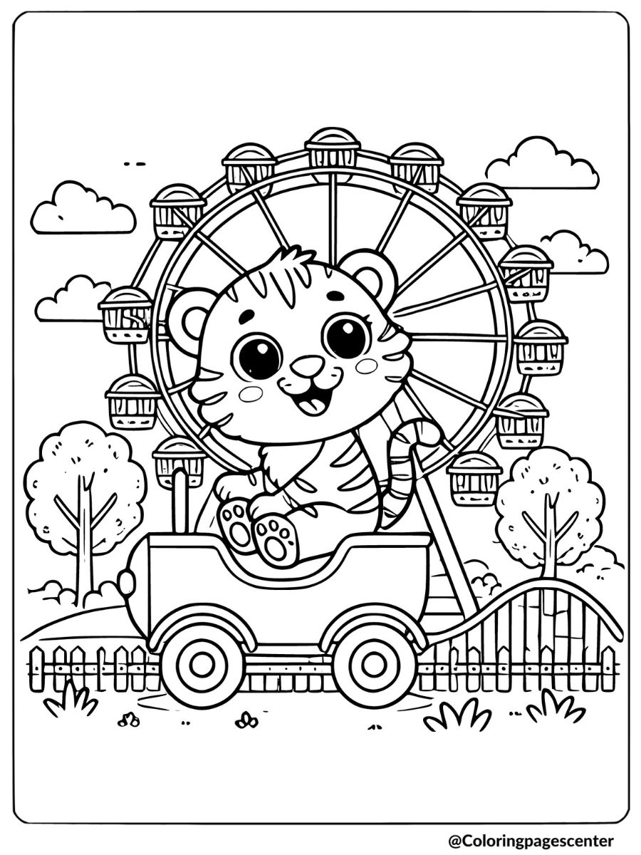 Cute baby tiger on a Ferris wheel coloring page