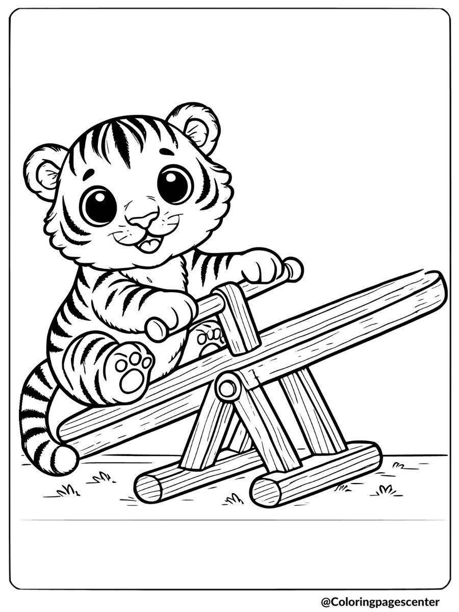 Baby tiger playing on seesaw coloring page