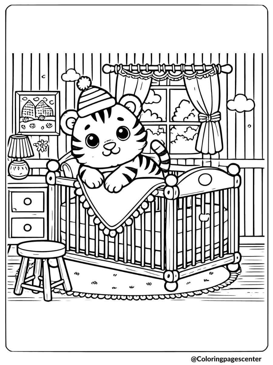 Baby tiger in crib room coloring page