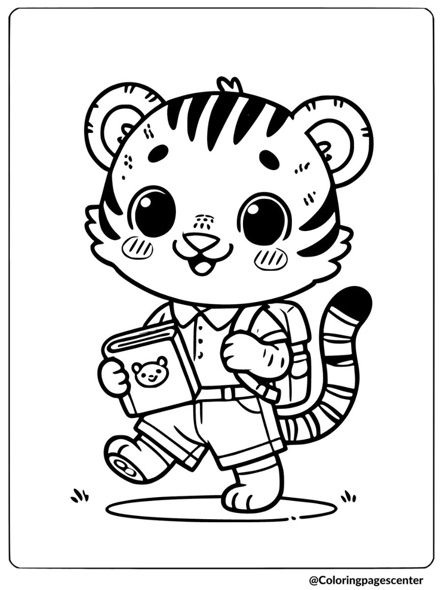 Baby tiger going to school coloring page