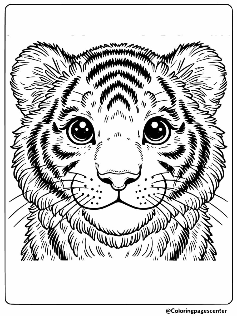 Detailed close-up of a baby tiger's face coloring page