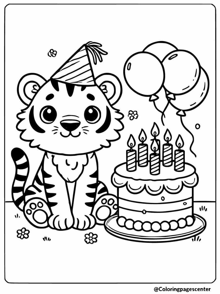 Happy tiger with birthday cake and candles coloring page