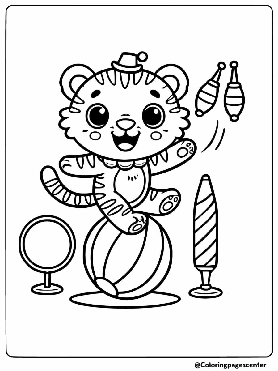 Playful tiger juggling at the circus coloring page