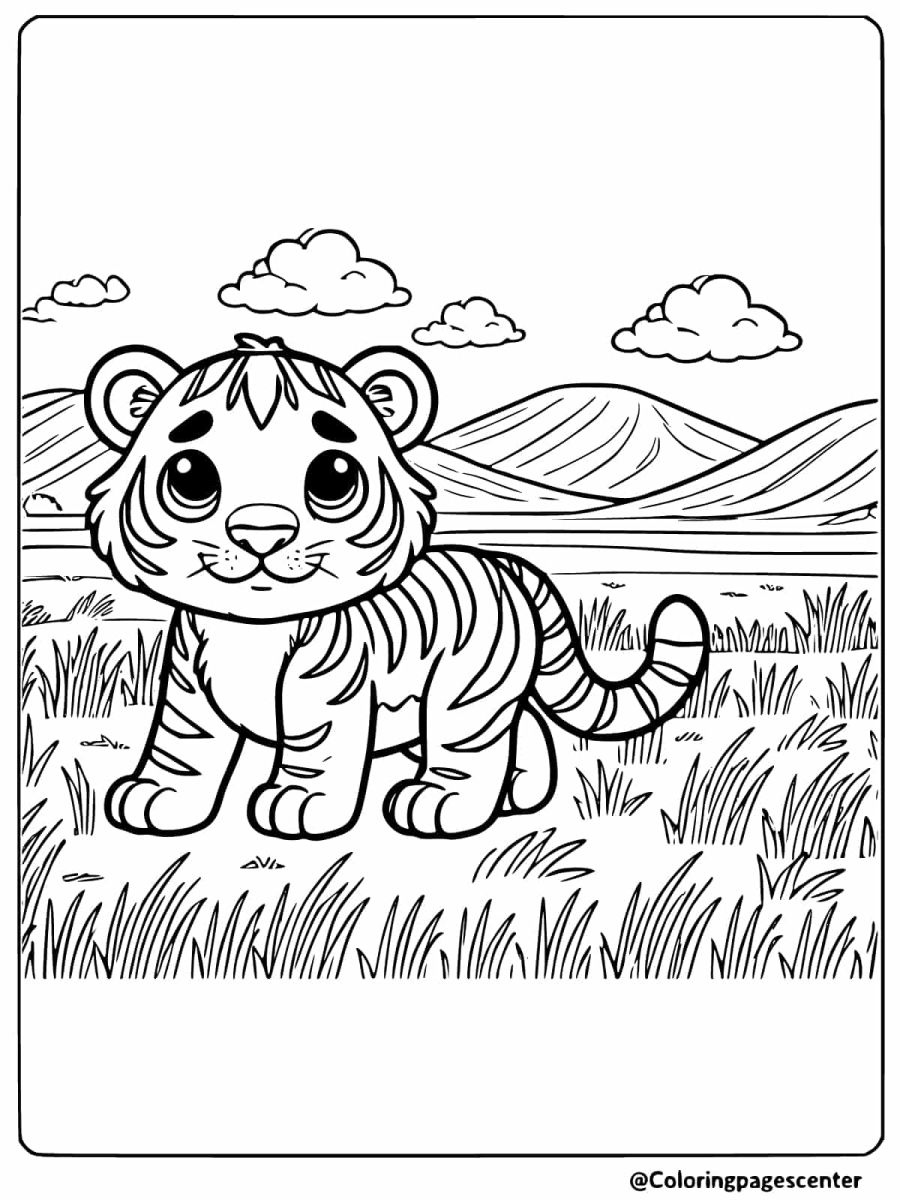 Little tiger sitting in a grassy savannah coloring page