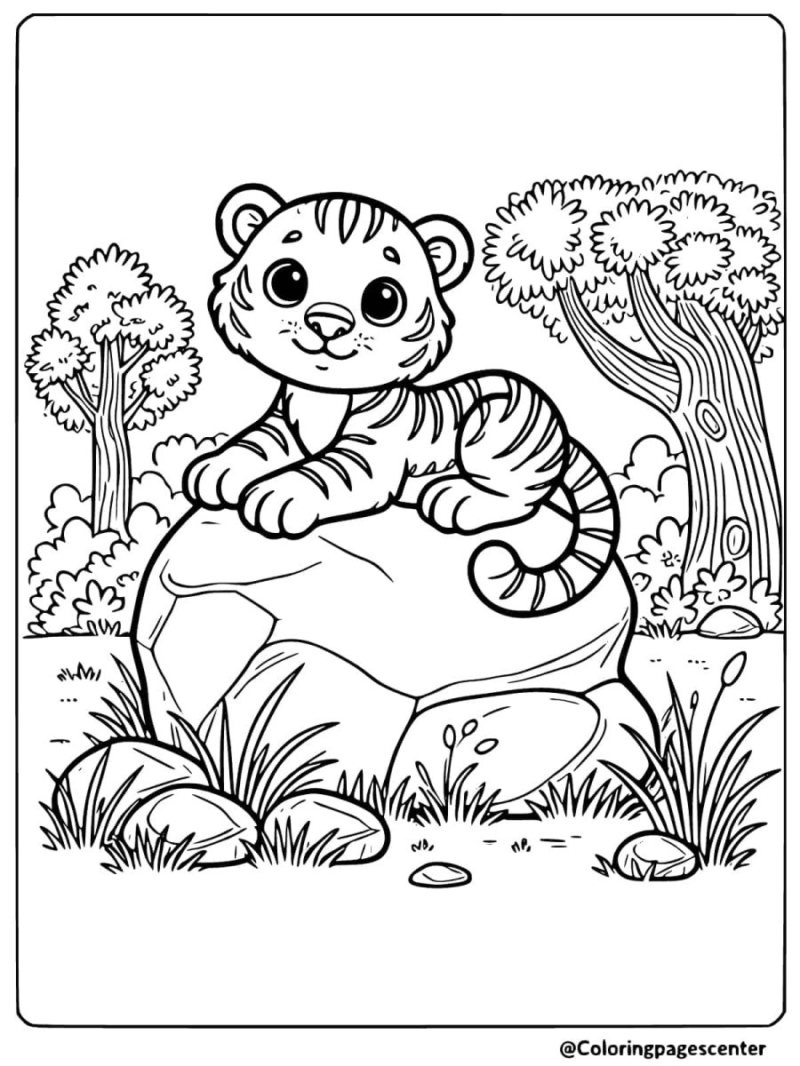 Little tiger relaxing on a rock in a forest coloring page