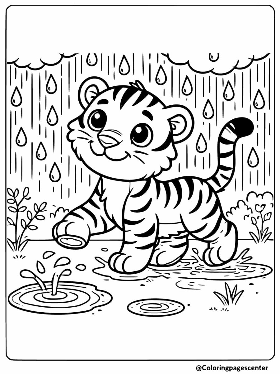 Smiling tiger enjoying the rain, splashing in puddles coloring page