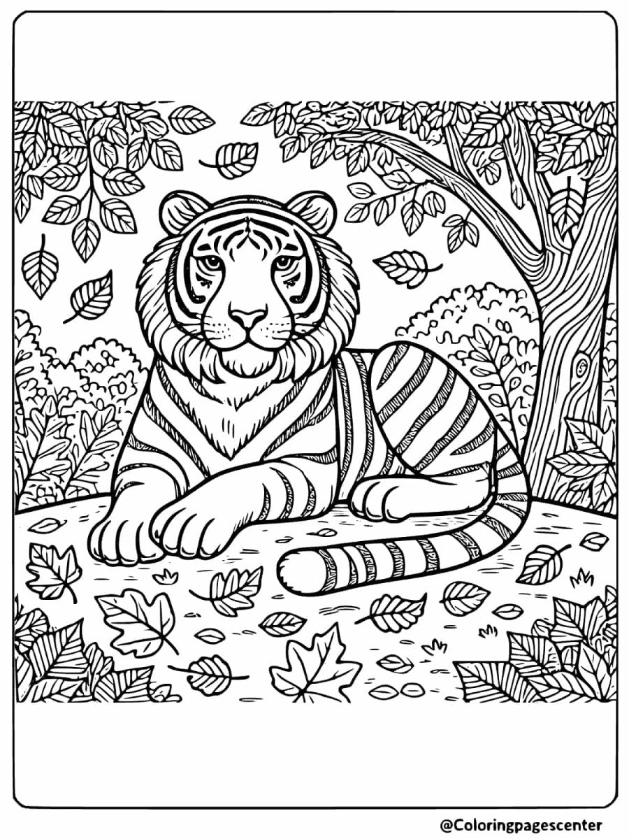 Majestic tiger lying under a tree with fallen leaves coloring page