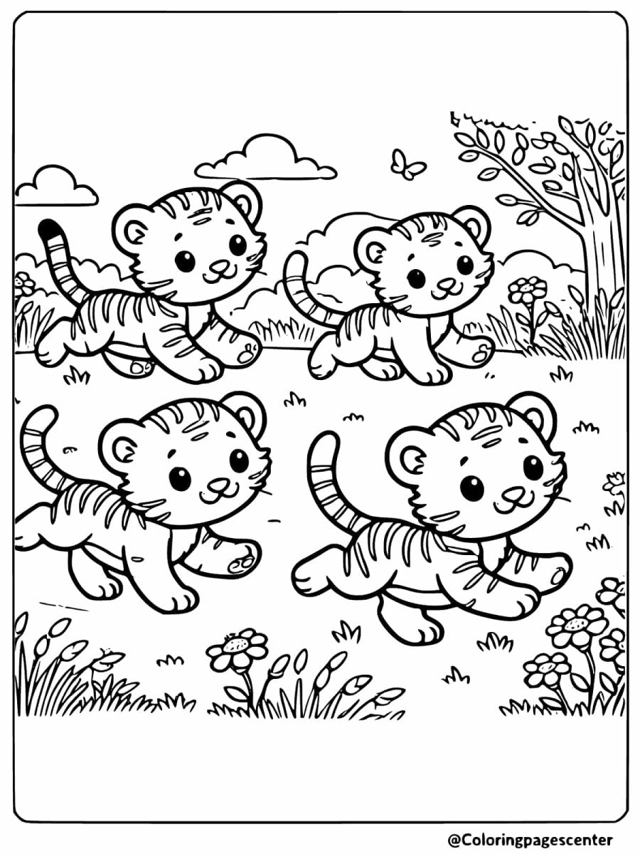 Playful tiger cubs running in a garden with flowers coloring page