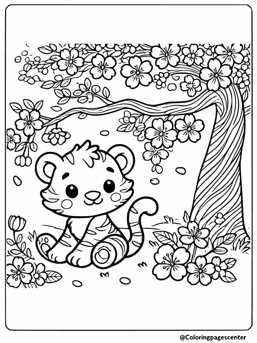 Playful tiger enjoying the cherry blossoms in a garden coloring page