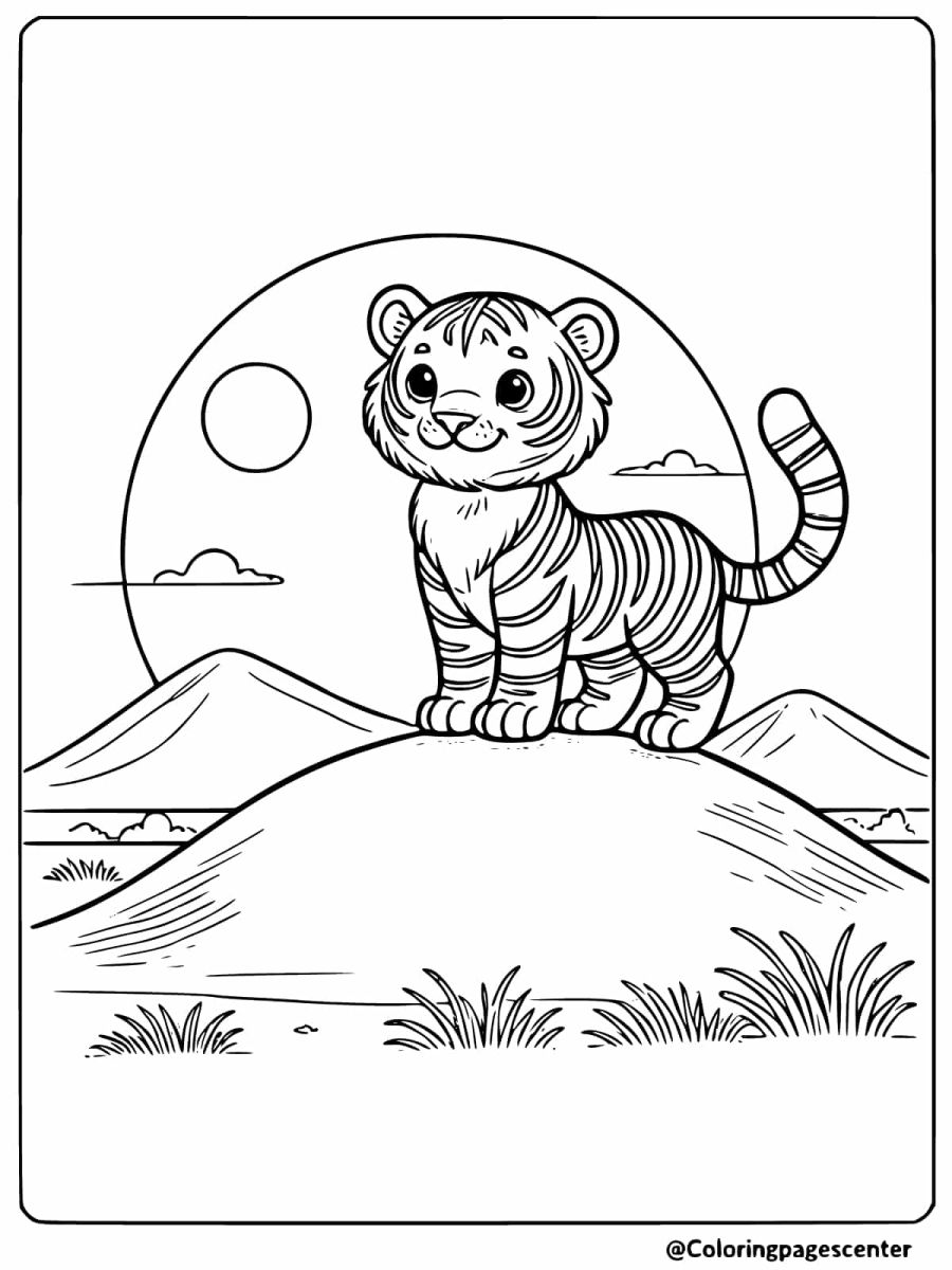 Confident tiger standing on a hilltop with mountains in the background coloring page