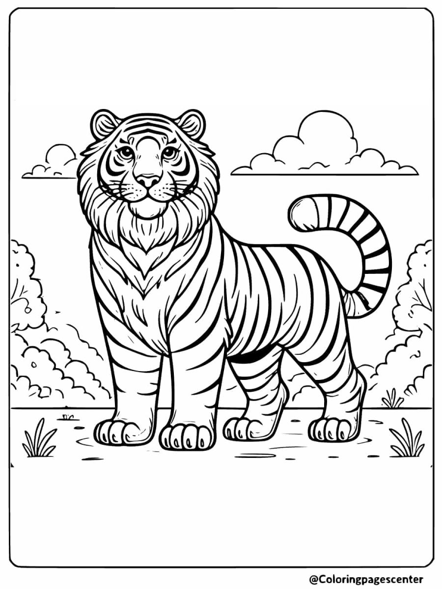 Proud tiger standing tall in an open landscape coloring page