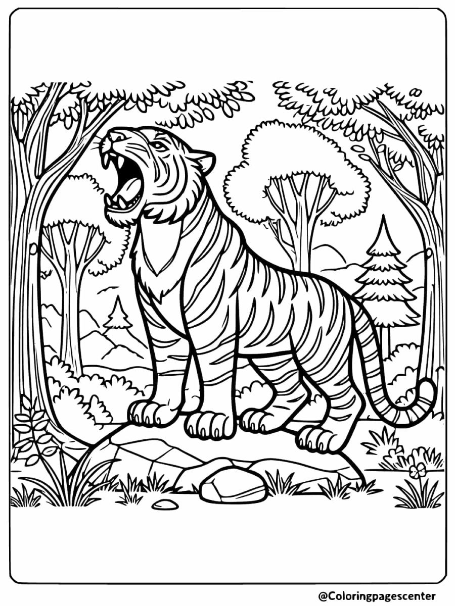 Powerful tiger roaring loudly in a forest clearing coloring page