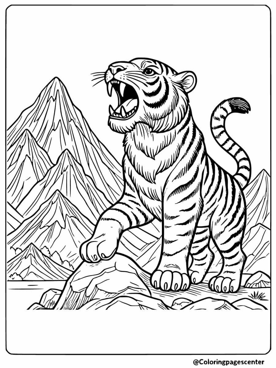 Fierce tiger roaring in front of a mountainous background coloring page