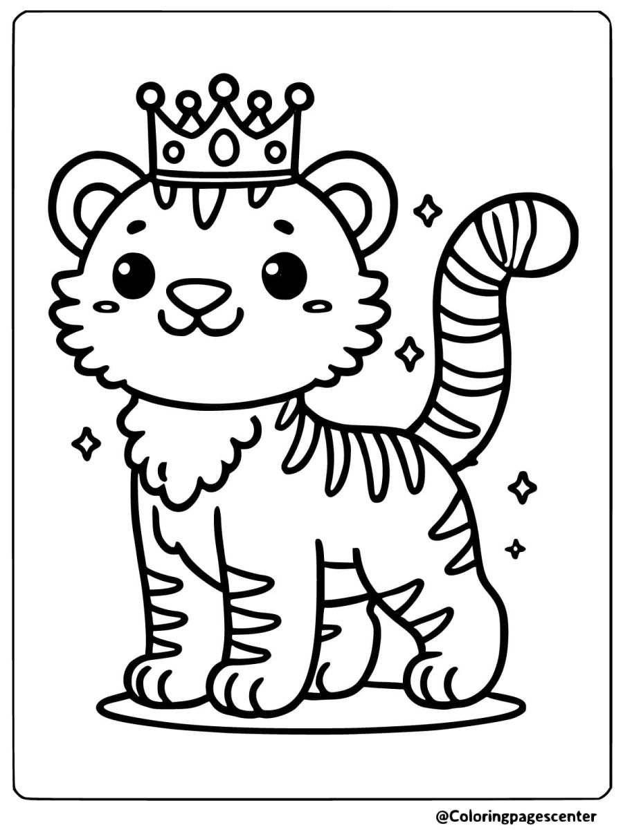 Adorable tiger wearing a crown, standing proudly coloring page