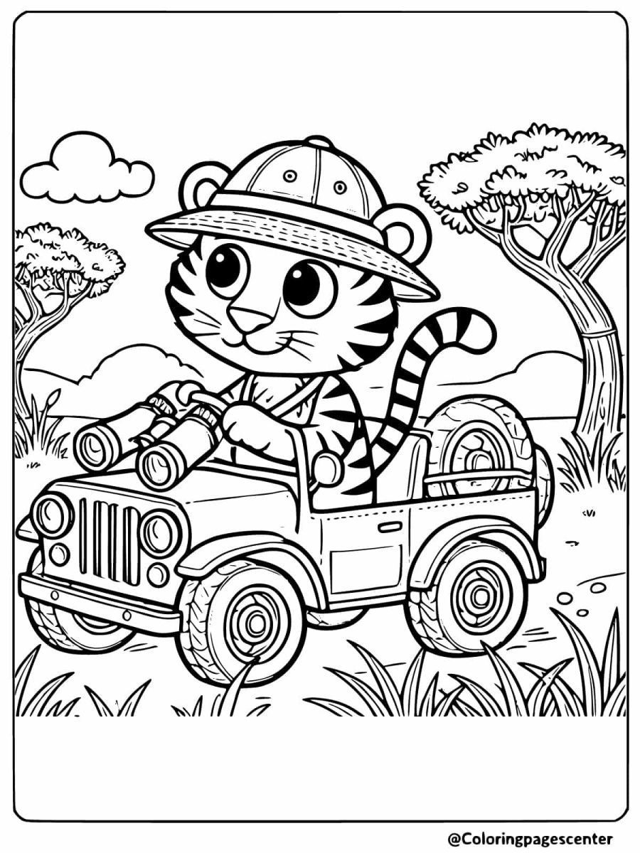 Explorer tiger driving a jeep on safari coloring page