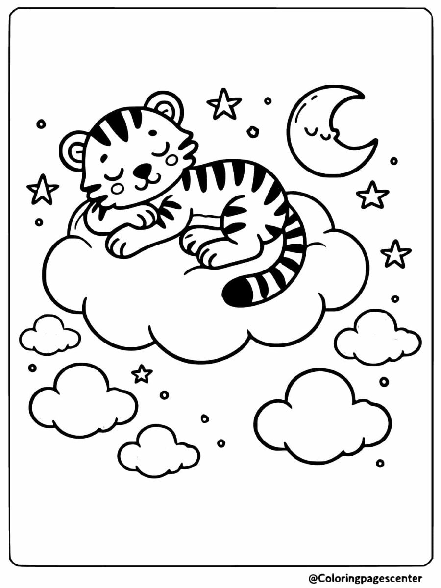 Peaceful tiger sleeping on a cloud with moon coloring page