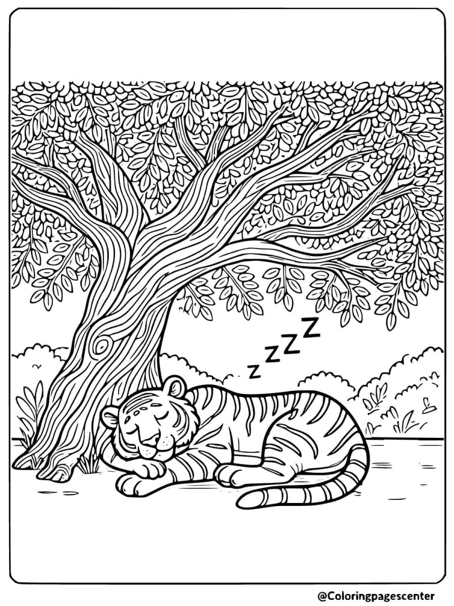 Peaceful tiger sleeping under a large tree coloring page