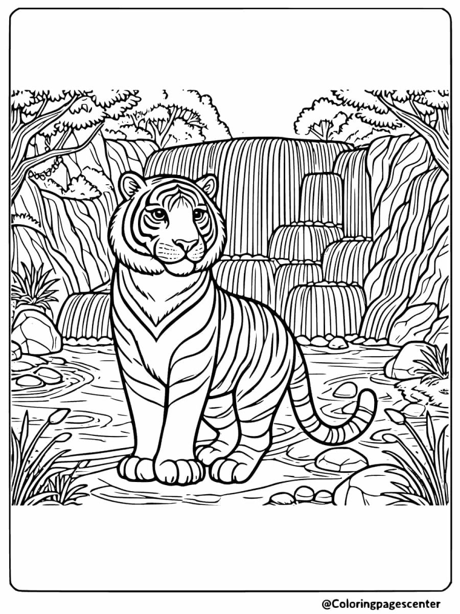 Tiger standing in front of a beautiful waterfall coloring page