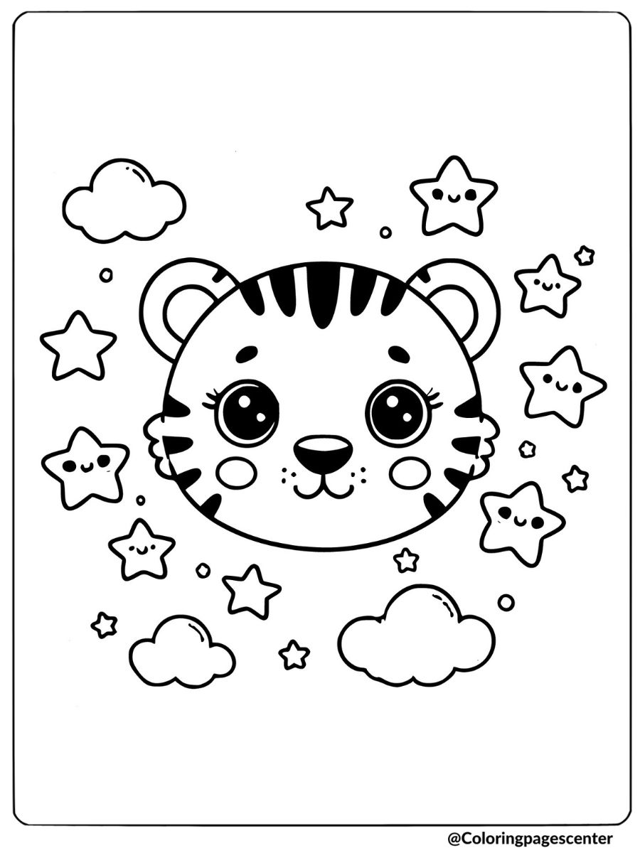 Coloring page of an adorable tiger face with bright eyes