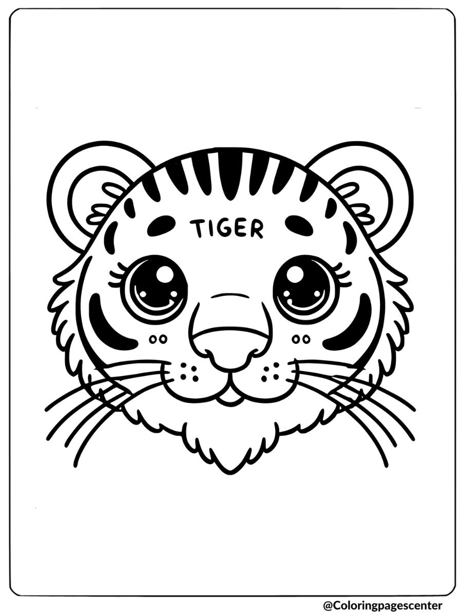 Coloring page featuring a cute tiger face with gentle features