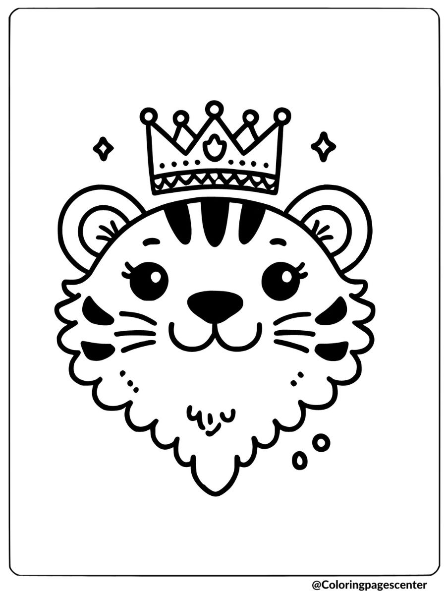 Coloring page featuring a cute tiger face wearing a crown