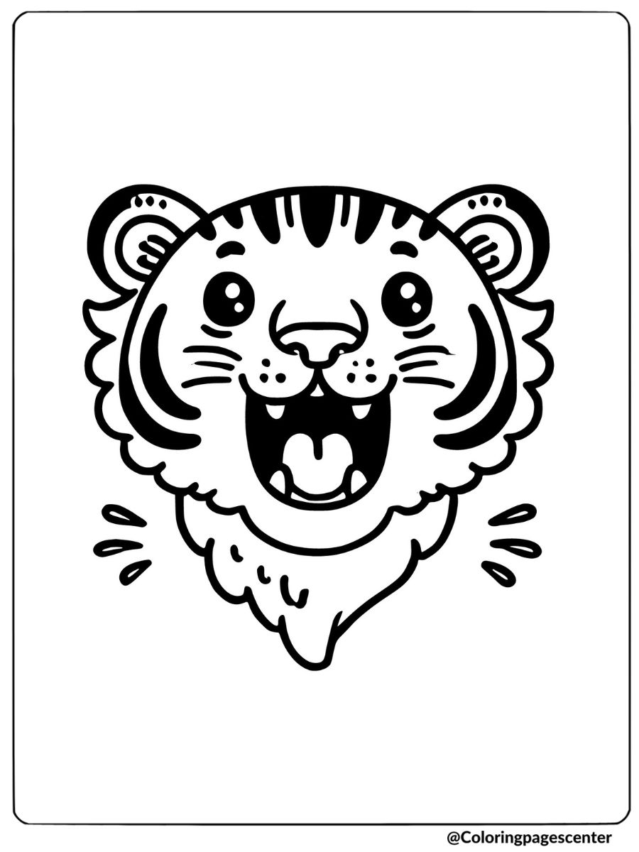 Coloring page displaying an excited tiger face with open mouth