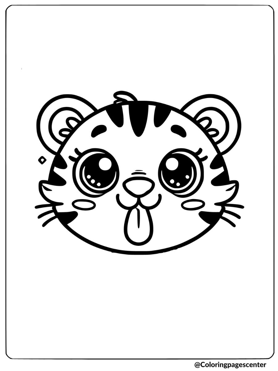 Coloring page showing a funny baby tiger face with tongue out